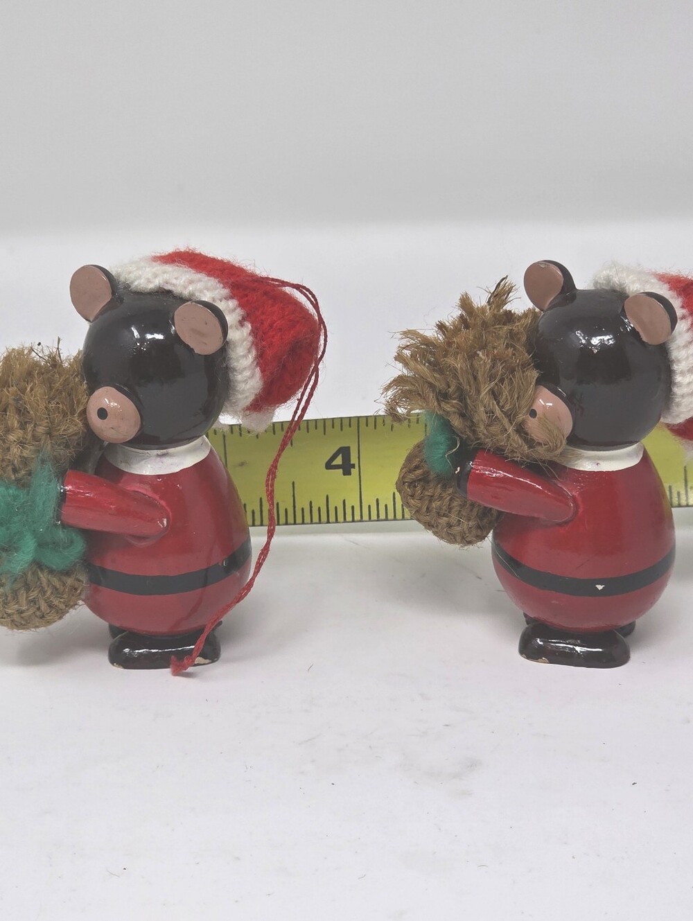 Vintage Pair Wooden Santa Bear Christmas Ornaments Miniature Burlap Sack 2.75"